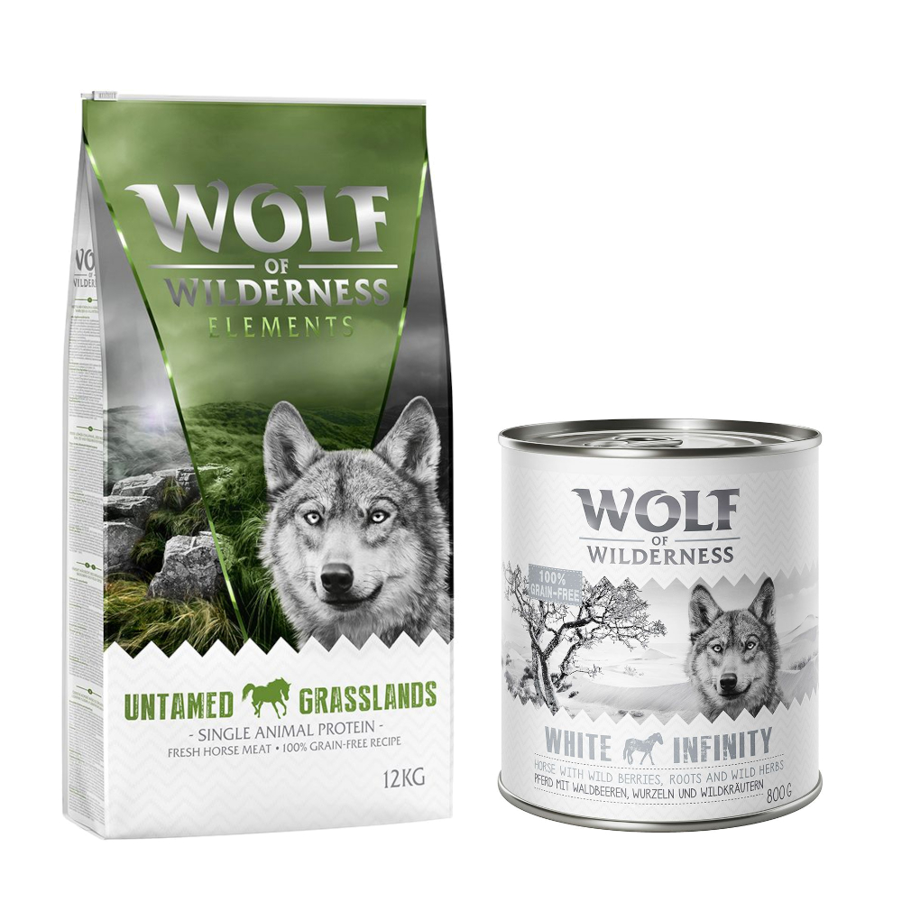 Wolf of Wilderness Kombi-Paket: Adult Trockenfutter + passende Nassfutter - 12 kg Untamed Grasslands - Pferd + 24 x 800 g White Infinity - Pferd von Wolf of Wilderness