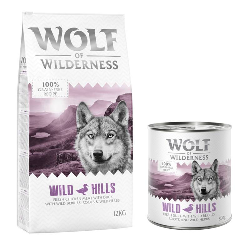 Wolf of Wilderness Kombi-Paket: Adult Trockenfutter + passende Nassfutter - 12 kg Wild Hills - Ente + 24 x 800 Wild Hills - Ente von Wolf of Wilderness