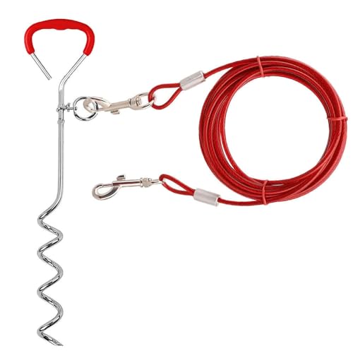 Wolike Dog Tie Out Cable and Stake, Dog Wire Traction Rope, Heavy Duty Stake-Out Dog Spike Spiral Pet Fixed Pile Outdoor Grass Dog Towing Rope (16FT/5M, Red) von Wolike