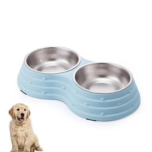 Wolike Pet Bowl Basic Dog Bowls Pet Bowl Anti Overturning and Anti Slip Double Bowl Dog Plate Cat Bowl Stainless Steel Water Bowl Bottom with Anti slip Pad (Blue-Large) von Wolike