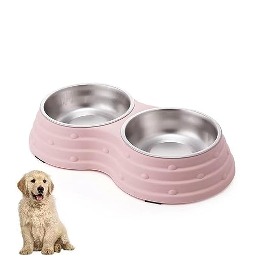 Wolike Pet Bowl Basic Dog Bowls Pet Bowl Anti Overturning and Anti Slip Double Bowl Dog Plate Cat Bowl Stainless Steel Water Bowl Bottom with Anti slip Pad (Pink-Large) von Wolike