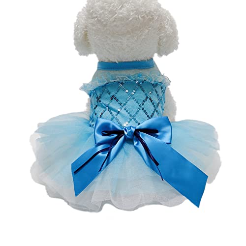 Wolyepor Puppy Princess Pailletten Schleife Hund Tutu Kleid Hund Plissee Shirt für Geburtstag Party (Medium, Gestreiftes Blau) von Wolyepor