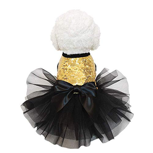 Wolyepor Puppy Princess Pailletten Schleife Hund Tutu Kleid Hund Plissee Shirt für Geburtstag Party (klein, gold) von Wolyepor