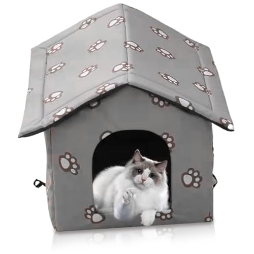 Katzenhäuser für Katzen im Freien, 33 x 35 x 30 cm Outdoor Cat House mit Kissen und Reißverschlussdeck von Womsclo