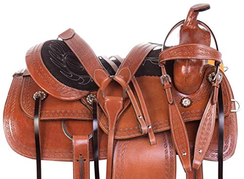 Wonder Wish Premium Barrel Pleasure Trail Sattel Bequemer Sitz handgeschnitztes Premium Leder Western Horse Zack Paket Kopfstall Zügel Brustkragen von Wonder Wish