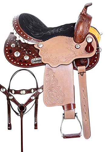 Wonder Wish Western Barrel Racing Sattel Set Silber Nieten Show Pleasure Trail Leder Pferdezaumzeug Breast Collar Zügel von Wonder Wish