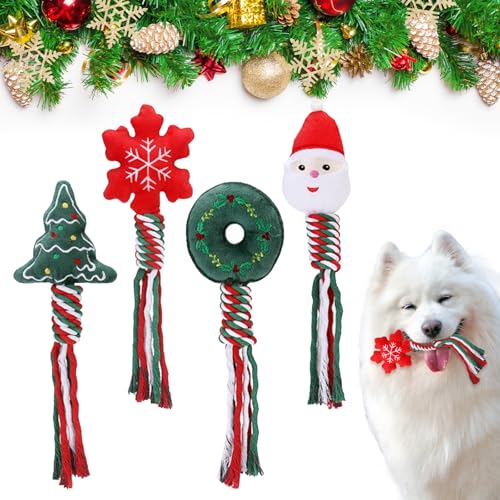 Wondsea 4 Stück Weihnachten Hundespielzeug,Quietschendes Spielzeug für Hunde,Langlebige Baumwolle Polyester Faser Hundeseilspielzeug,Geeignet als Geschenke von Wondsea