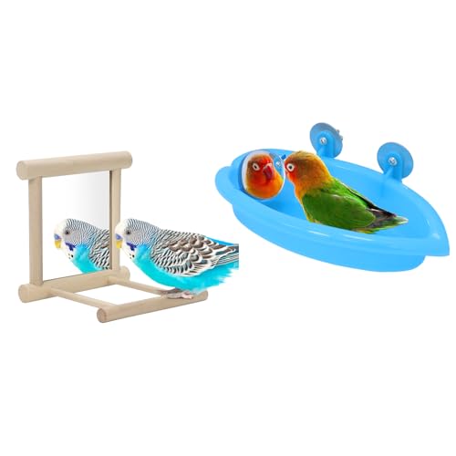 Wontee Vogeltränke für Papageien, Badewanne, Vogelspiegel mit Sitzstange, Spielzeug für Wellensittiche, Sittiche, Nymphensittiche, Nymphensittiche, Finken, Kanarienvögel (Blau (B)) von Wontee