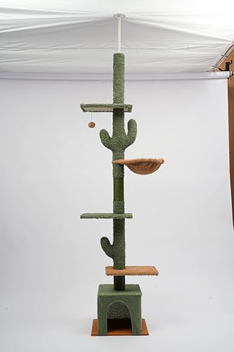 WooDerson Kratzbaum Groß Gesamthöhe 218cm, 4 Etagen Kletterbaum Katze, Grün Katzenbaum Mit Säule Hängematte Plüschball, Tragfähigkeit 5kg, Teleskopischer Bereich 13-15cm von WooDerson