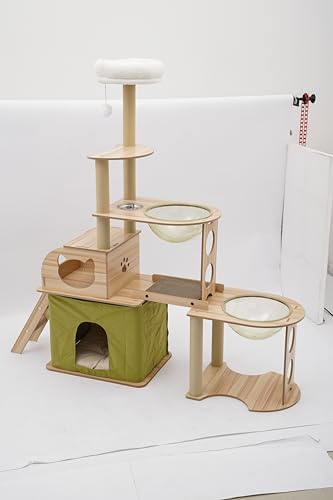 WooDerson Kratzbaum Groß XXL 5-Stufige, Kletterbaum Katzen Deckenhoch, Mit Sprungturm, Treppe, Katzennestern Und Plüschball, Für Zoohandlungen Wohnzimmer Schlafzimmer Usw(Holzfarbe+Grün) von WooDerson