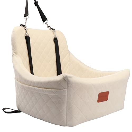 Wooaidagg Hunde-Autositz für mittelgroße Hunde, Auto-Reisebett für Haustiere mit Sicherheitsgurt-Kanal, abnehmbar und waschbar, verstellbaren Gurten, 3 Gurte (Beige) von Wooaidagg