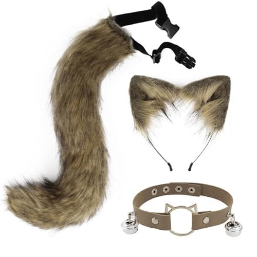 3 Stück Katzenohren Schwanz Set,Schwanz Und Ohren Haarband Set Faux Furry Fox Wolf Tail Kit Mit Langer Fuchsschwanz Und Ohren Und Glockenkragen Haarreif Mit Schwanz Fuchsohren Halloween Cosplay Party von Wooauto