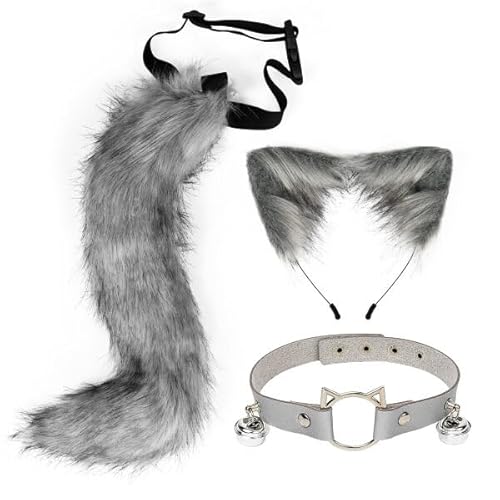 3 Stück Katzenohren Schwanz Set,Schwanz Und Ohren Haarband Set Faux Furry Fox Wolf Tail Kit Mit Langer Fuchsschwanz Und Ohren Und Glockenkragen Haarreif Mit Schwanz Fuchsohren Halloween Cosplay Party von Wooauto