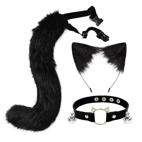 3 Stück Katzenohren Schwanz Set,Schwanz Und Ohren Haarband Set Faux Furry Fox Wolf Tail Kit Mit Langer Fuchsschwanz Und Ohren Und Glockenkragen Haarreif Mit Schwanz Fuchsohren Halloween Cosplay Party von Wooauto