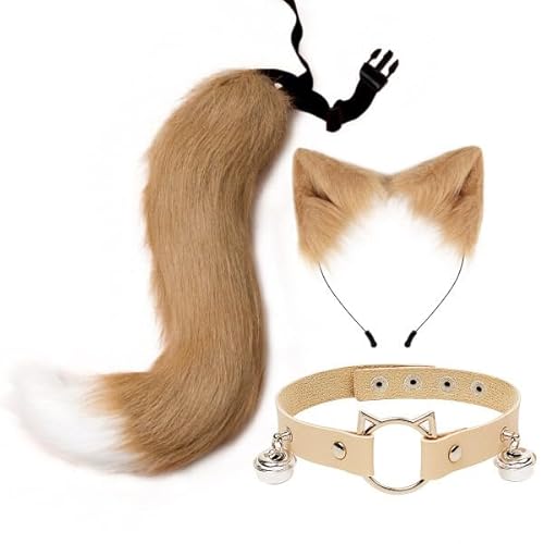 3 Stück Katzenohren Schwanz Set,Schwanz Und Ohren Haarband Set Faux Furry Fox Wolf Tail Kit Mit Langer Fuchsschwanz Und Ohren Und Glockenkragen Haarreif Mit Schwanz Fuchsohren Halloween Cosplay Party von Wooauto