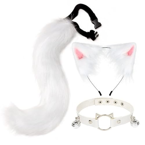 3 Stück Katzenohren Schwanz Set,Schwanz Und Ohren Haarband Set Faux Furry Fox Wolf Tail Kit Mit Langer Fuchsschwanz Und Ohren Und Glockenkragen Haarreif Mit Schwanz Fuchsohren Halloween Cosplay Party von Wooauto