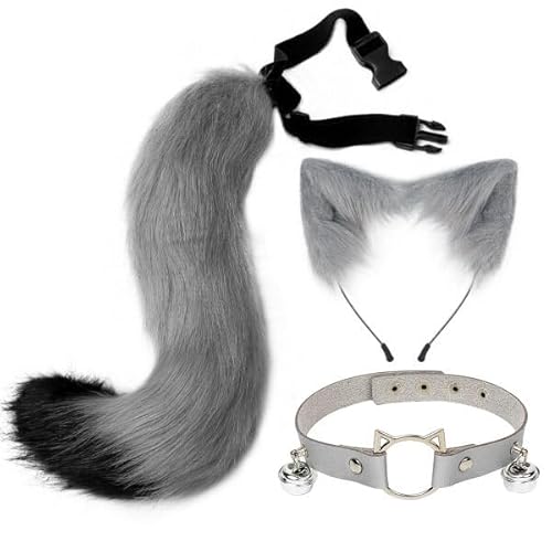 3 Stück Katzenohren Schwanz Set,Schwanz Und Ohren Haarband Set Faux Furry Fox Wolf Tail Kit Mit Langer Fuchsschwanz Und Ohren Und Glockenkragen Haarreif Mit Schwanz Fuchsohren Halloween Cosplay Party von Wooauto