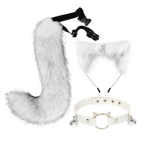 3 Stück Katzenohren Schwanz Set,Schwanz Und Ohren Haarband Set Faux Furry Fox Wolf Tail Kit Mit Langer Fuchsschwanz Und Ohren Und Glockenkragen Haarreif Mit Schwanz Fuchsohren Halloween Cosplay Party von Wooauto