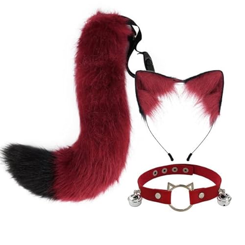 3 Stück Katzenohren Schwanz Set,Schwanz Und Ohren Haarband Set Faux Furry Fox Wolf Tail Kit Mit Langer Fuchsschwanz Und Ohren Und Glockenkragen Haarreif Mit Schwanz Fuchsohren Halloween Cosplay Party von Wooauto