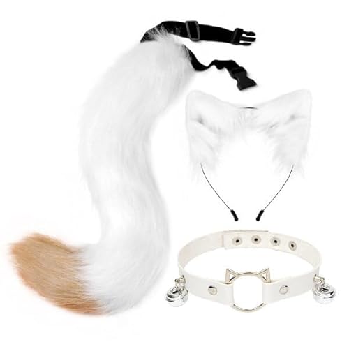 3 Stück Katzenohren Schwanz Set,Schwanz Und Ohren Haarband Set Faux Furry Fox Wolf Tail Kit Mit Langer Fuchsschwanz Und Ohren Und Glockenkragen Haarreif Mit Schwanz Fuchsohren Halloween Cosplay Party von Wooauto