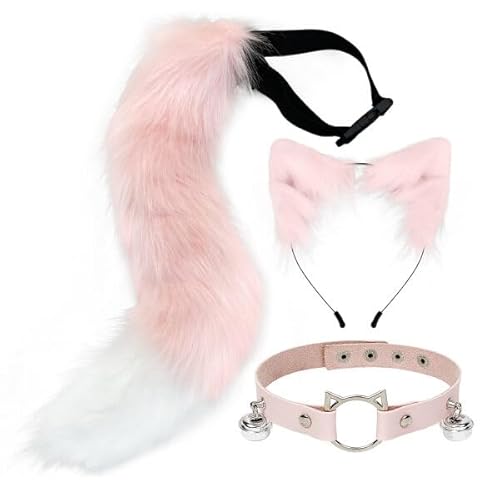 3 Stück Katzenohren Schwanz Set,Schwanz Und Ohren Haarband Set Faux Furry Fox Wolf Tail Kit Mit Langer Fuchsschwanz Und Ohren Und Glockenkragen Haarreif Mit Schwanz Fuchsohren Halloween Cosplay Party von Wooauto