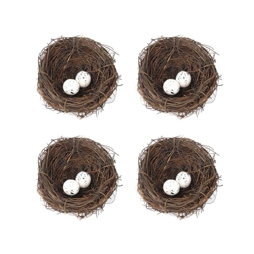 Wooauto Künstliches Vogelnest, 4PCS 20/15/12/10/8/6cm Rattan Vogelnester Rattan Nest Dekoration Kreatives Vogelnest mit Eiern Gartendekoration für Natur Haus Festival Atmosphäre Parkdekor von Wooauto