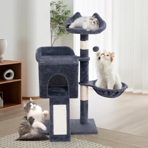 Woochpet Kratzbaum für Indoor-Katzen, Katzenhaus mit Sisal-Kratzbaum, Katzenhaus mit großem, gepolstertem Bett, Katzenmöbel, Aktivitätszentrum für Katzen und Kätzchen (Dunkelgrau) von Woochpet