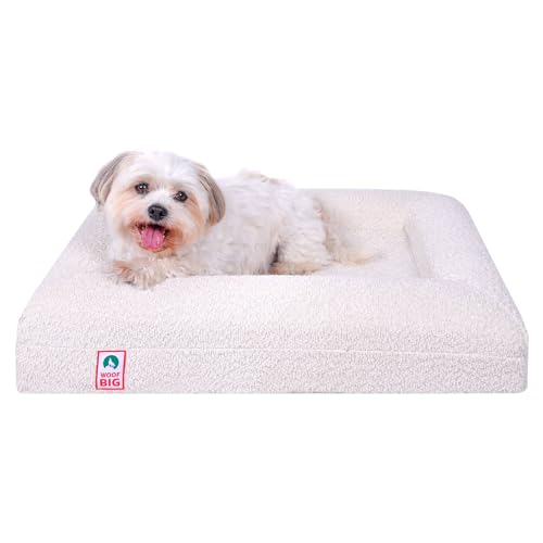 Woof Big Cremeweißer Boucle-Hundebett-Bezug – Entdecken Sie das erste Hundebett mit integrierten Montageetiketten – maschinenwaschbar, elegantes Design, YKK-Reißverschlüsse, rutschfeste Unterseite für von Woof Big