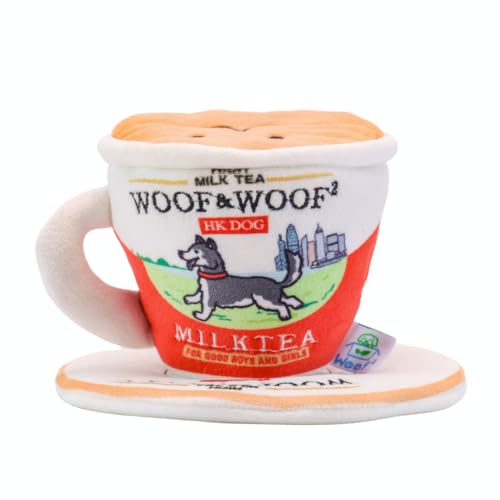 Woof² HK Hundespielzeug für Milchtee, quietschend, langlebig, niedlich und weich, 2-in-1-Tasse und Teller für interaktives Spielen, große Tasche zum Verstecken von Leckerlis für Puzzle-Spaß, von Woof²