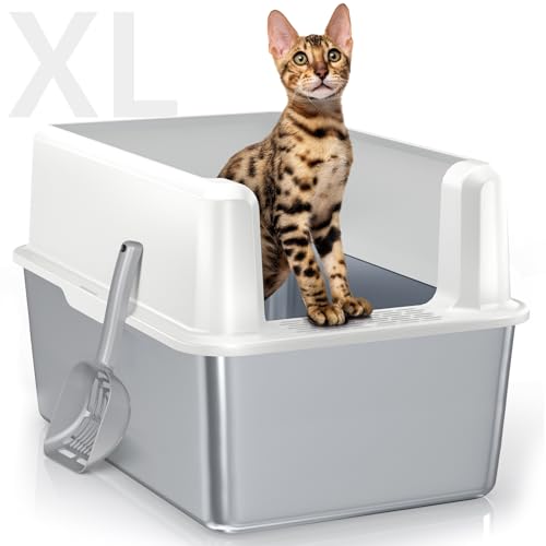 Katzentoilette aus Edelstahl mit Deckel, 35,6 cm, XL-Katzentoilette aus Edelstahl, extra große Metall-Katzentoilette, nicht klebrig, auslaufsicher, einfache Reinigung, Katzentoilette, inklusive von WoofiGo