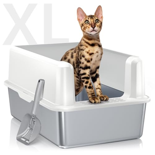 Katzentoilette aus Edelstahl mit Deckel, extra große Katzentoilette für mehrere & große Katzen, XL Metall Katzentoilette, einfache Reinigung, Anti-Auslaufen, Nicht klebrig, inklusive hochseitigem von WoofiGo