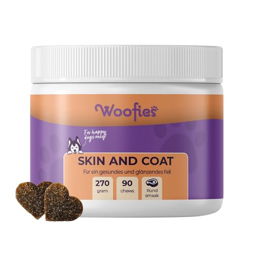 Woofies Skin & Coat Omega 3 für Hunde gegen Juckreiz im Leckerliformat, für gesunde Haut & glänzendes Fell – mit Biotin, Zink, Vitamin C, Lachsöl - 90 leckere Snacks (270g) mit Lachs von Woofies