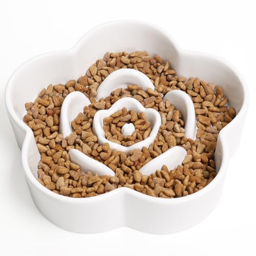 WoofinPets Futternapf für Hunde und Katzen, Keramik, Anti-Ersticken, Slow Food Bowls, 20,3 cm, 320,3 g, Slow Feeder für mittelgroße und große Rassen, Pflaumen-Puzzle-Design, rutschfestes Silikon, von WoofinPets