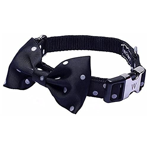 Wouapy Hundehalsband mit Fliege, Schwarz mit Punkten, 12 mm breit, für Hals von 22/33 cm von Wouapy