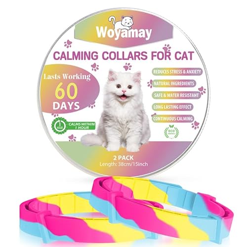 Woyamay Beruhigungshalsband für Katzen, Größenverstellbares Katzenhalsband Lindern Stress und Angst, Wasserbeständig Pheromone Katzen Halsbänder für Katzen Aller Größen, 2 Stück, Regenbogen von Woyamay