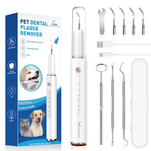 Wrischan Zahnreiniger für Haustiere, Hund Zahnreinigung Kit, 5 einstellbare Modi 4 austauschbare Köpfe, Katzen Zahnreinigung Tools, Hund Zahnbürste Kit mit LED-Licht von Wrischan