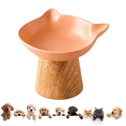 Ceramic Cat Food Bowls Elevated | Tilted Feeding Dish with Anti-Slip Wood Stand | Wide Cat Food & Water Bowls | Durable Feeding Supplies for Cats | Elevated Pet Bowls for Comfortable Eating von Wrohto