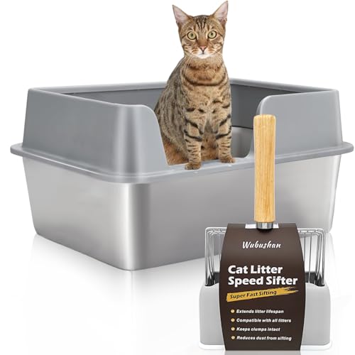 Katzenklo Edelstahl XXL, Stainless Steel Litter Box, Katzentoilette offene mit Metall Schaufel, Cat Litter Box hohem Rand, Katzentoilette Edelstahl, Katzenklo groß leicht zu reinigen-Grau von Wubushan