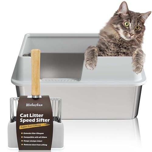 Katzenklo Edelstahl XXL, Stainless Steel Litter Box, Katzentoilette offene mit Metall Schaufel, Cat Litter Box hohem Rand, Katzentoilette Edelstahl, Katzenklo groß leicht zu reinigen-Grau von Wubushan