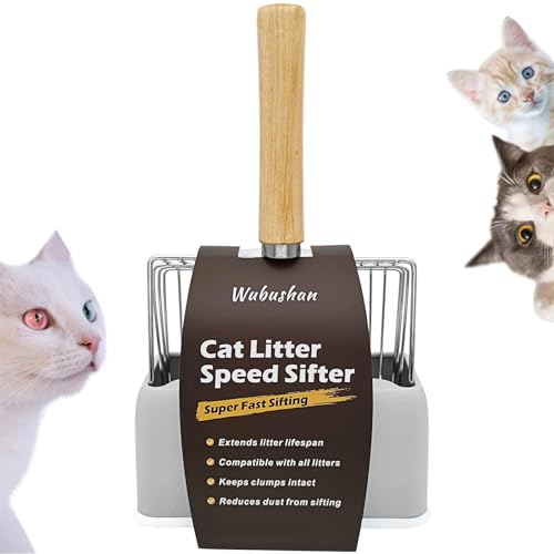 Wubushan Katzenstreuschaufel mit behälter, Katzenklo Schaufel Metall mit Halterung, Katzenstreu Schaufel mit holzgriff, Lochabstand 7mm, Länge 28cm, Litter Box Scoop, Cat Litter Scoop von Wubushan