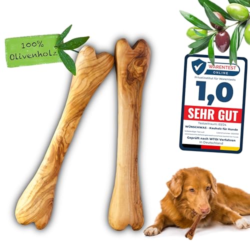 Wünschwas Olivenholz-Kauspielzeug für Hunde – 100% natürliches Kauholz. Set aus 2 Holzknochen zur Zahnpflege, Robustes Hundespielzeug für kleine bis große Hunde, Größe S 15x3 cm. von Wünschwas