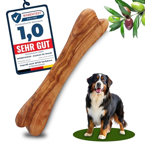 Wünschwas Olivenholz-Kauspielzeug für Hunde – 100% natürliches Kauholz. Holzknochen zur Zahnpflege, Robustes Hundespielzeug für große Hunde, Größe L 25 x 4 cm. (L 1 Stück) von Wünschwas