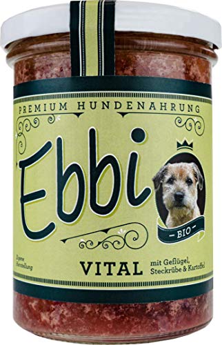 Bio Hundefutter Vital/Ebbi mit Geflügelfleisch, Hähnchenherzen, Steckrüben und Kartoffeln Inhalt: 400g Hundenahrung im wiederverschließbarem Glas (2 x 400g) von Wuff&Mau