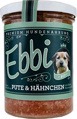 Bio Hundefutter mit Pute, Hähnchen, Apfel, Karotte und Reis Inhalt: 400g / Ebbi Hundenahrung im wiederverschließbarem Glas (1 x 400g) von Wuff & Mau