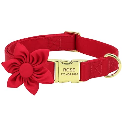 Hundehalsband für Mädchen, mit abnehmbarer Blume, weich gepolstert, verstellbar, mit goldener Metallschnalle, für kleine, mittelgroße und große Hunde, Rot, Größe M von Wulachaka