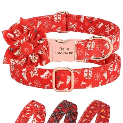 Niedliches Weihnachts-Hundehalsband mit Fliege, personalisierbar, mit robuster Metallschnalle, für Mädchen, Jungen, Hundehalsband für kleine, mittelgroße und große Hunde (Weihnachten mit Blumenmuster, von Wulachaka