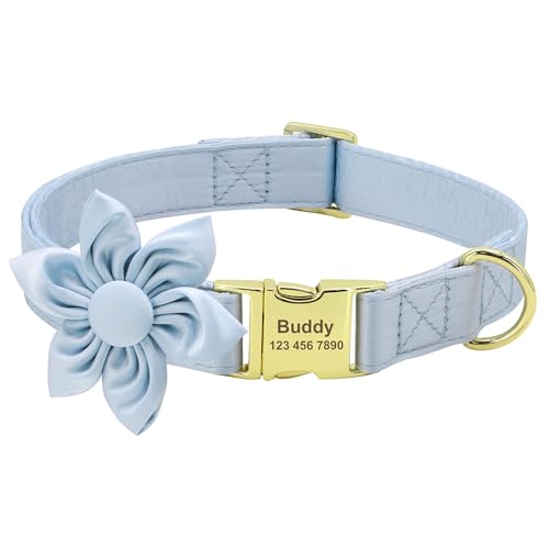 Personalisiertes, niedliches Hundehalsband für Mädchen mit abnehmbarer Blume, weich gepolstert, verstellbar, mit goldener Metallschnalle, für kleine, mittelgroße und große Hunde (Blau, M) von Wulachaka