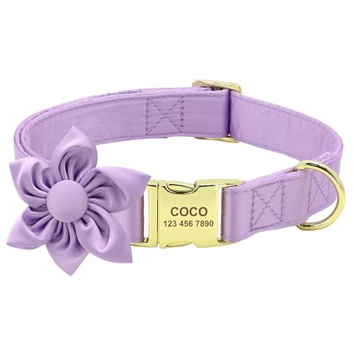 Personalisiertes, niedliches Hundehalsband für Mädchen mit abnehmbarer Blume, weich gepolstert, verstellbar, mit goldener Metallschnalle, für kleine, mittelgroße und große Hunde (Lila, L) von Wulachaka