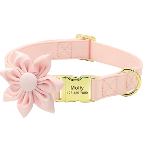 Personalisiertes, süßes Hundehalsband für Mädchen mit abnehmbarer Blume, weich gepolstert, verstellbar, mit goldener Metallschnalle, für kleine, mittelgroße und große Hunde (Rosa, M) von Wulachaka