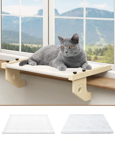 Katzen-Fensterstange, Katzen-Fensterbett für Indoor-Katzen, Holz- und Metallrahmen für Kätzchen, Fensterbank, Katzen-Sitzstange mit Bettbezug, Katzenfensterregal für Sitz und Bett, für Nachttisch von Wusdayer